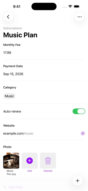 A subscription record on iPhone showing its amount, payment date, URL, and photo.
