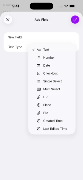 The iPhone field type picker offering text, numbers, dates, selections, places, files, and more.